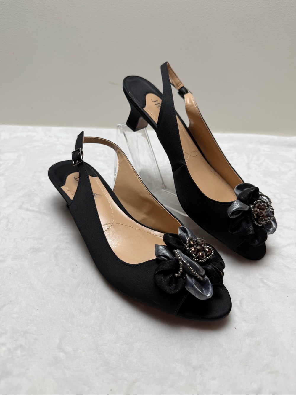 J. Renee Satin Slingback Heels Floral Beaded Peep Toe Shoes Event Evening Sz 11